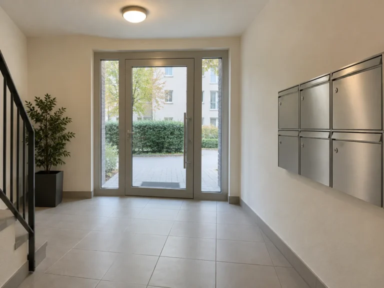 a clean communal entrance hall in an apartment building, with a tiled floor, steel mailboxes and a glazed front door