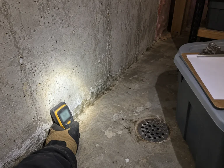 a gloved hand holding a moisture meter against a basement foundation wall, beside a clipboard