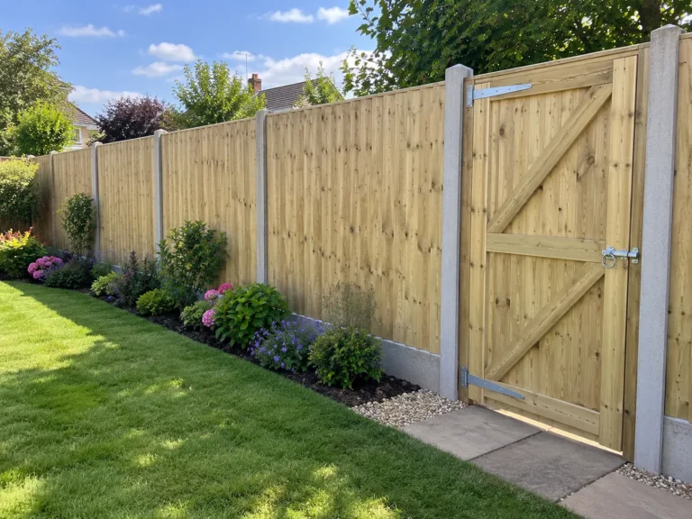 a new closeboard timber fence on concrete posts with a matching ledged gate, above a planted border and lawn