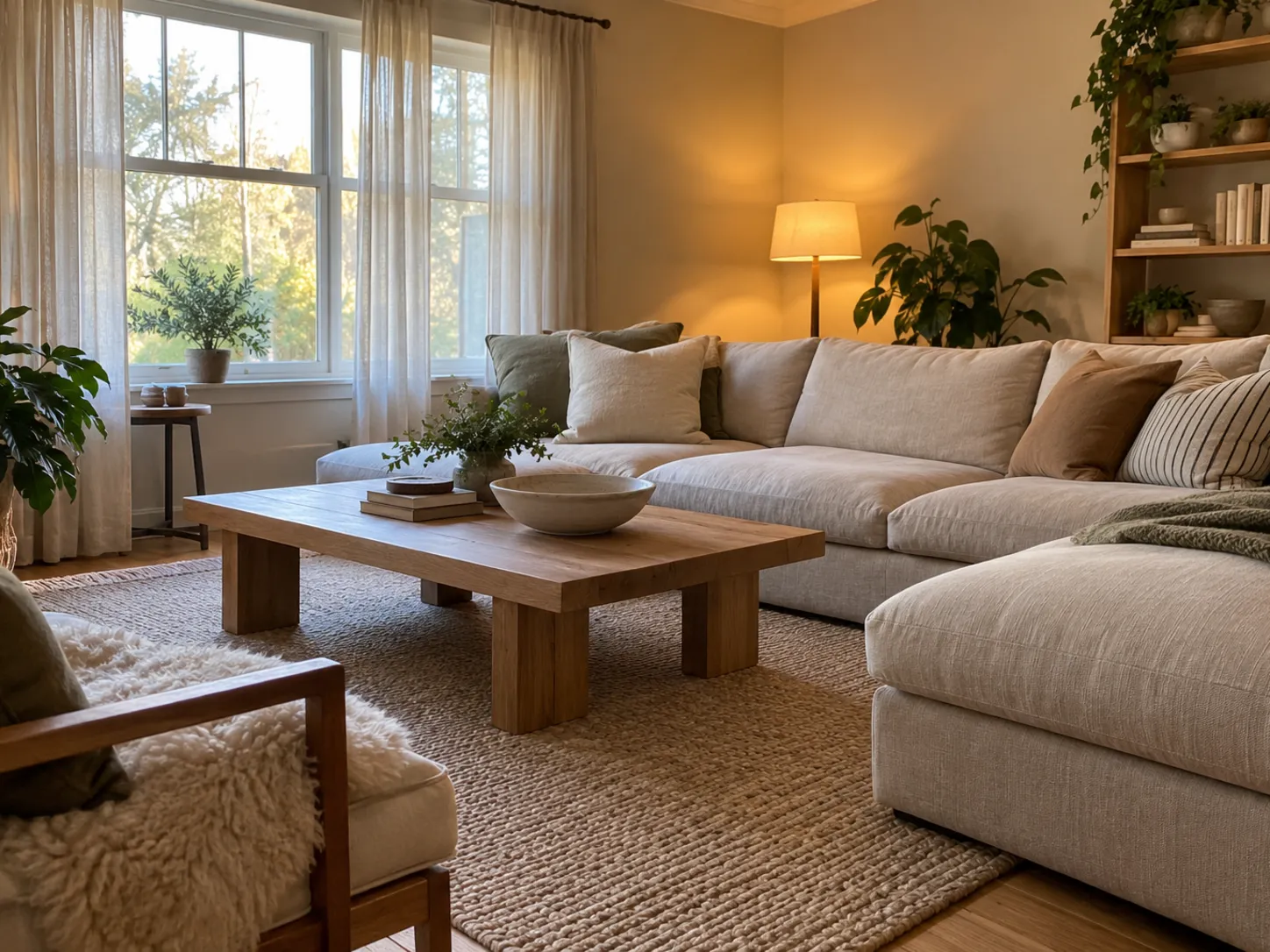 Working With An Interior Designer: A Practical Guide 1 a finished living room with a linen corner sofa, an oak coffee table, a wool rug, a floor lamp and oak shelving with plants