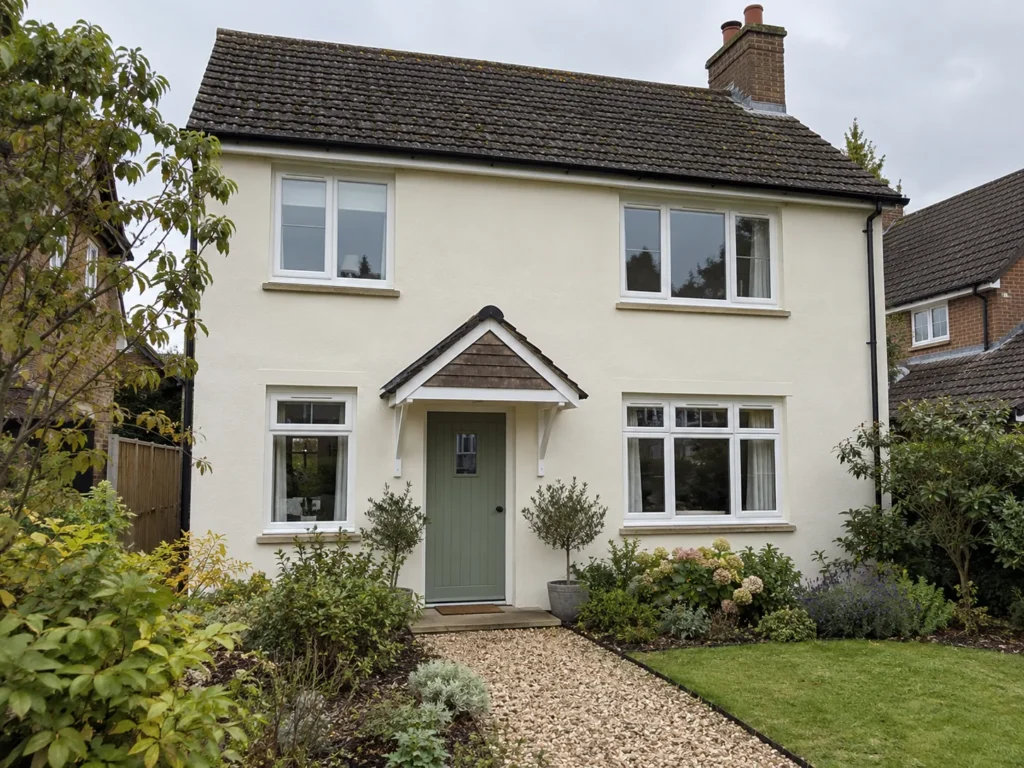 a cream-rendered two-storey house with new white windows, a sage-green front door and a gravel path through a planted front garden