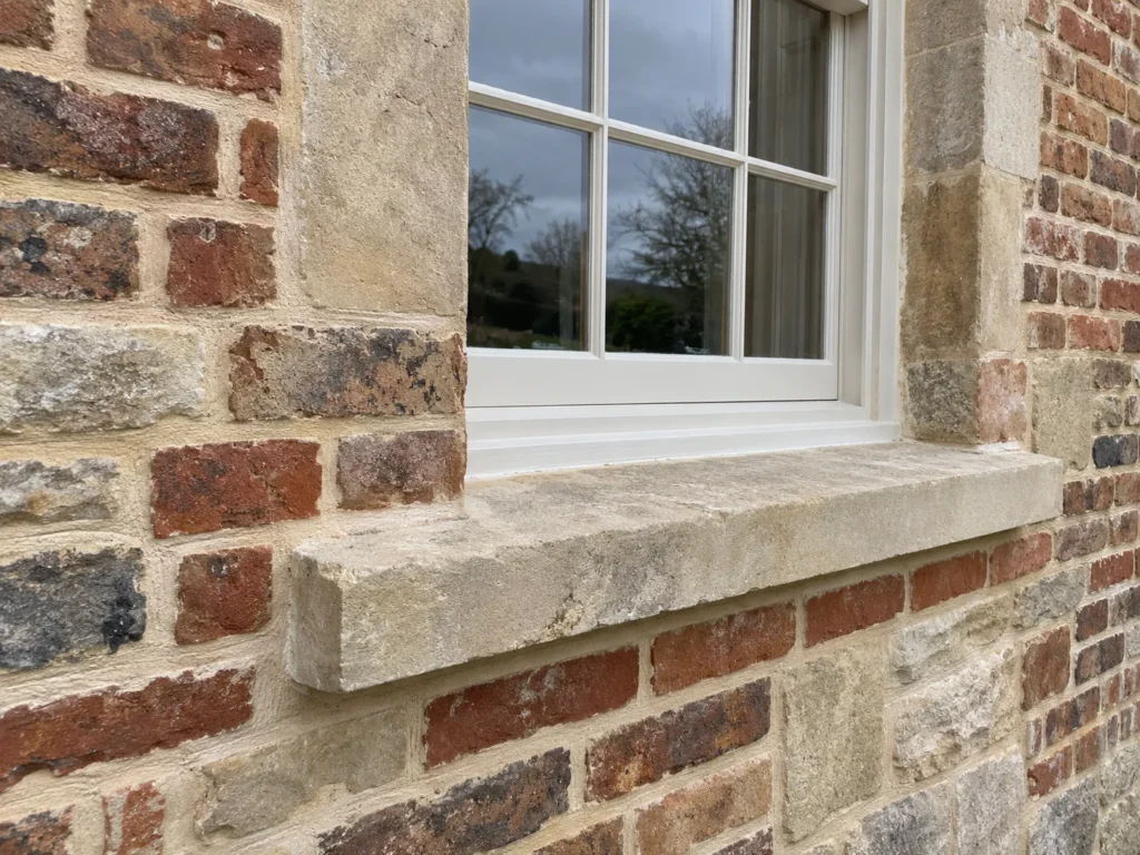 About 1 a brick and stone wall freshly repointed in lime mortar under a restored stone sill and a painted sash window
