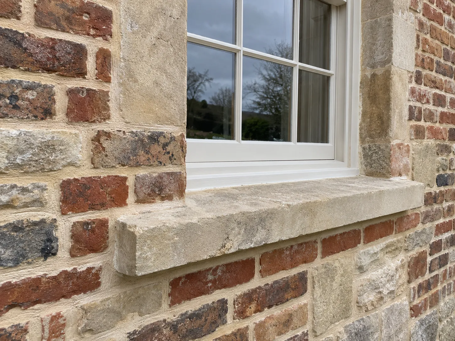 a brick and stone wall freshly repointed in lime mortar under a restored stone sill and a painted sash window