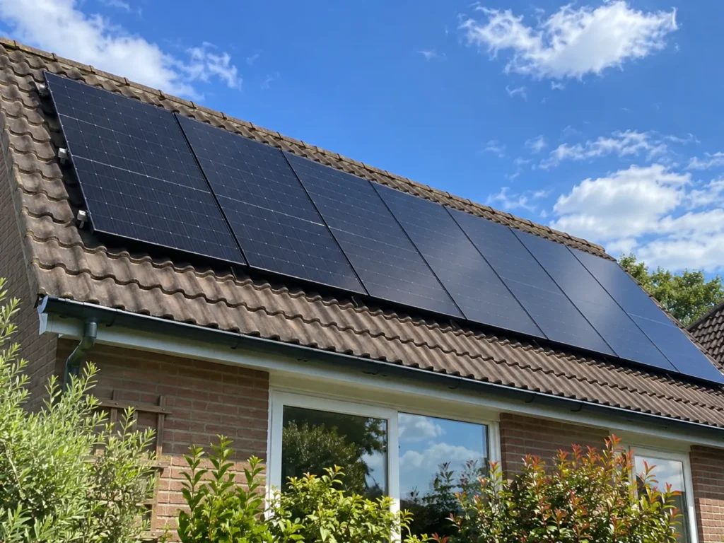 For Businesses 4 a row of new black solar panels on a tiled house roof under a blue sky